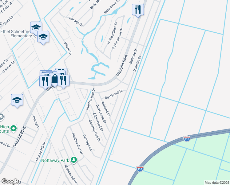 map of restaurants, bars, coffee shops, grocery stores, and more near 13 Myrtle Hill Drive in Destrehan
