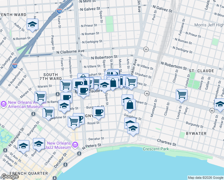 map of restaurants, bars, coffee shops, grocery stores, and more near 2372 St Claude Ave in New Orleans