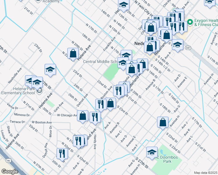 map of restaurants, bars, coffee shops, grocery stores, and more near 220 North 22nd Street in Nederland
