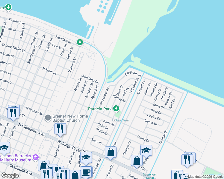 map of restaurants, bars, coffee shops, grocery stores, and more near 1904 Benjamin Street in Arabi