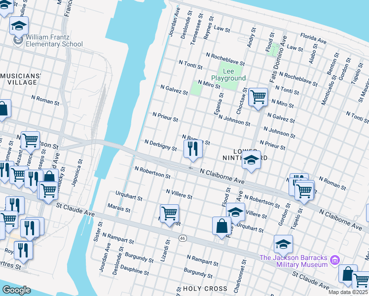map of restaurants, bars, coffee shops, grocery stores, and more near 1708 Forstall Street in New Orleans