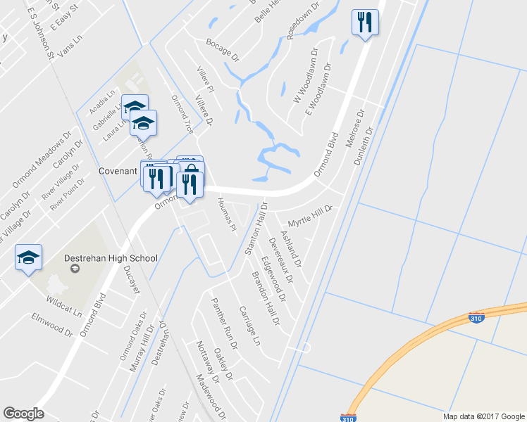 map of restaurants, bars, coffee shops, grocery stores, and more near 8 Stanton Hall Drive in Destrehan