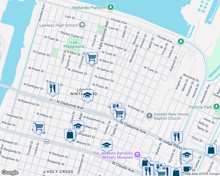 map of restaurants, bars, coffee shops, grocery stores, and more near 1834 Alabo Street in New Orleans