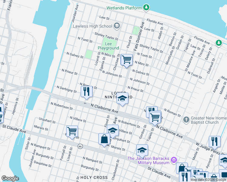 map of restaurants, bars, coffee shops, grocery stores, and more near 5446 North Roman Street in New Orleans