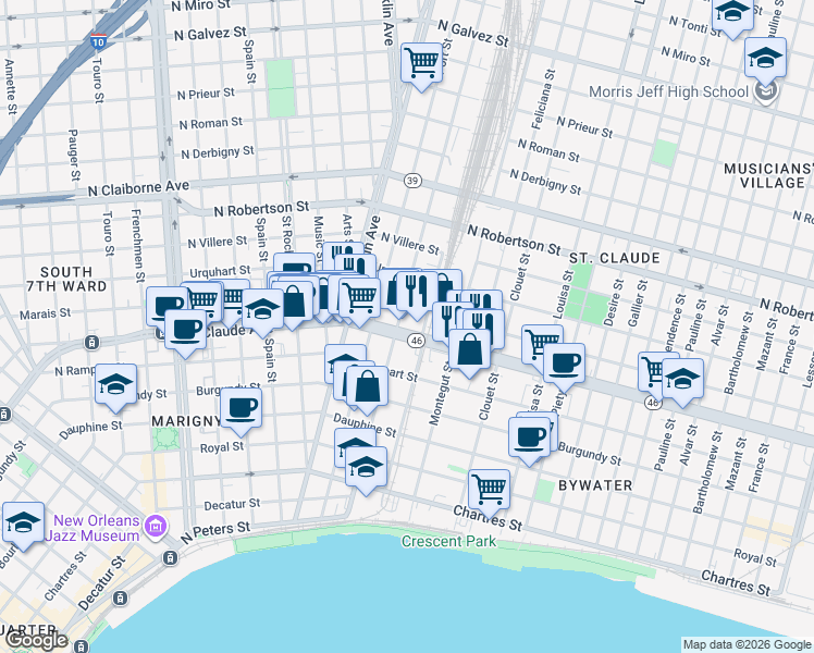 map of restaurants, bars, coffee shops, grocery stores, and more near in New Orleans