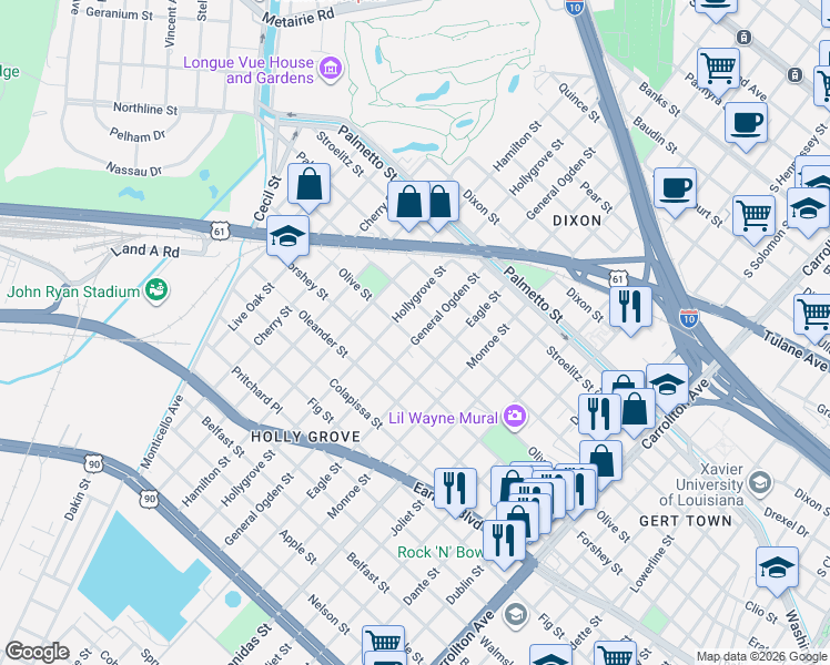 map of restaurants, bars, coffee shops, grocery stores, and more near 8910 Olive Street in New Orleans