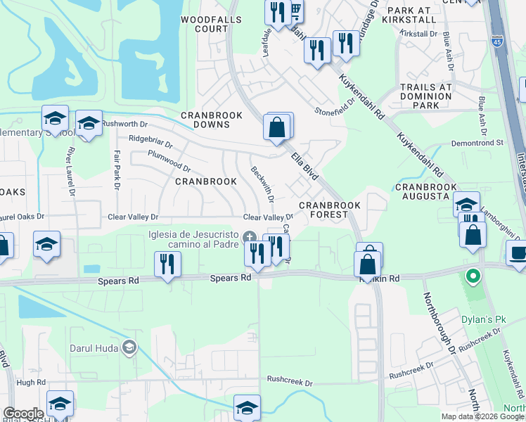 map of restaurants, bars, coffee shops, grocery stores, and more near 13803 Beckwith Drive in Houston