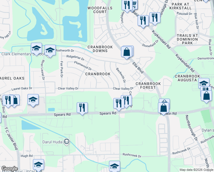 map of restaurants, bars, coffee shops, grocery stores, and more near 1419 Clear Valley Drive in Houston