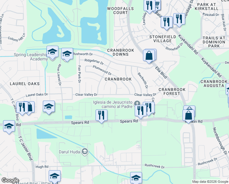 map of restaurants, bars, coffee shops, grocery stores, and more near 1507 Clear Valley Drive in Houston