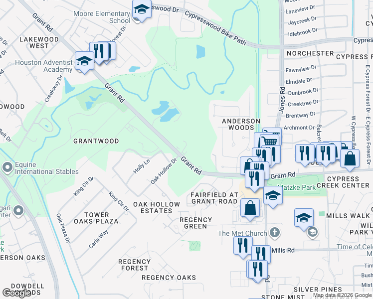 map of restaurants, bars, coffee shops, grocery stores, and more near 11350 Grant Road in Cypress