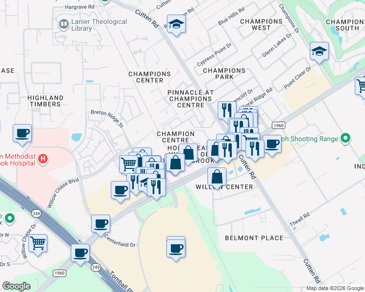 map of restaurants, bars, coffee shops, grocery stores, and more near 13223 Champions Plaza Drive in Houston