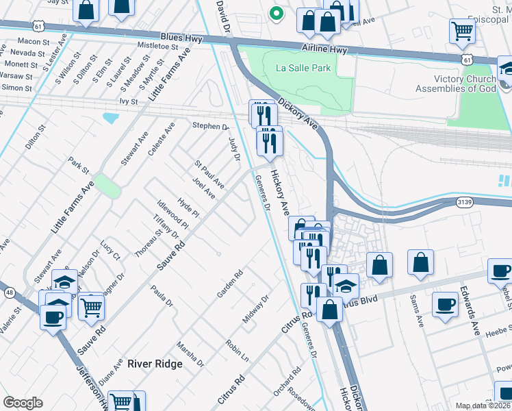 map of restaurants, bars, coffee shops, grocery stores, and more near 9809 Joel Avenue in River Ridge