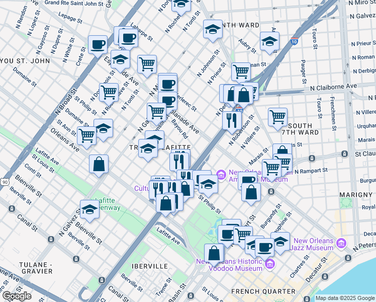 map of restaurants, bars, coffee shops, grocery stores, and more near 1801 Governor Nicholls Street in New Orleans