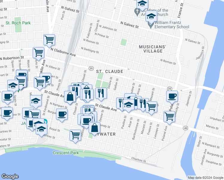 map of restaurants, bars, coffee shops, grocery stores, and more near 3423 Urquhart Street in New Orleans