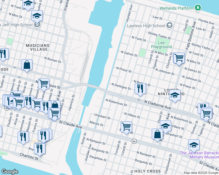 map of restaurants, bars, coffee shops, grocery stores, and more near 1617 Jourdan Avenue in New Orleans
