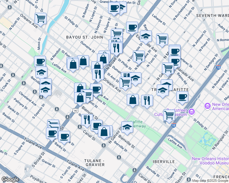 map of restaurants, bars, coffee shops, grocery stores, and more near 2512 Saint Peter Street in New Orleans