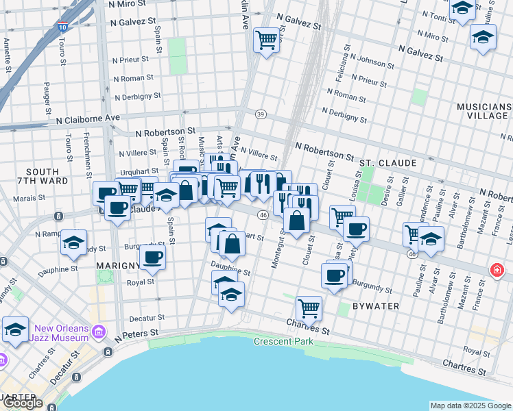 map of restaurants, bars, coffee shops, grocery stores, and more near in New Orleans