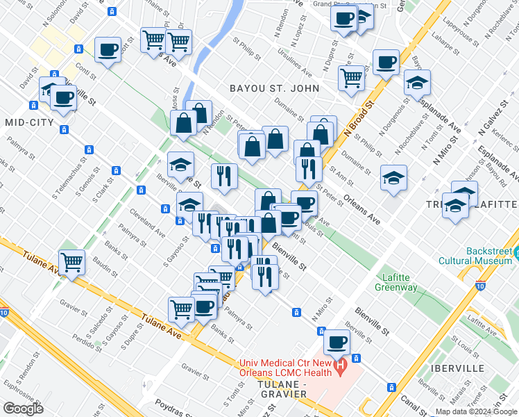map of restaurants, bars, coffee shops, grocery stores, and more near 2752 Conti Street in New Orleans