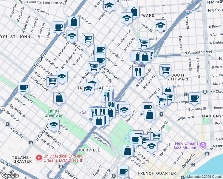 map of restaurants, bars, coffee shops, grocery stores, and more near 1723 Governor Nicholls Street in New Orleans