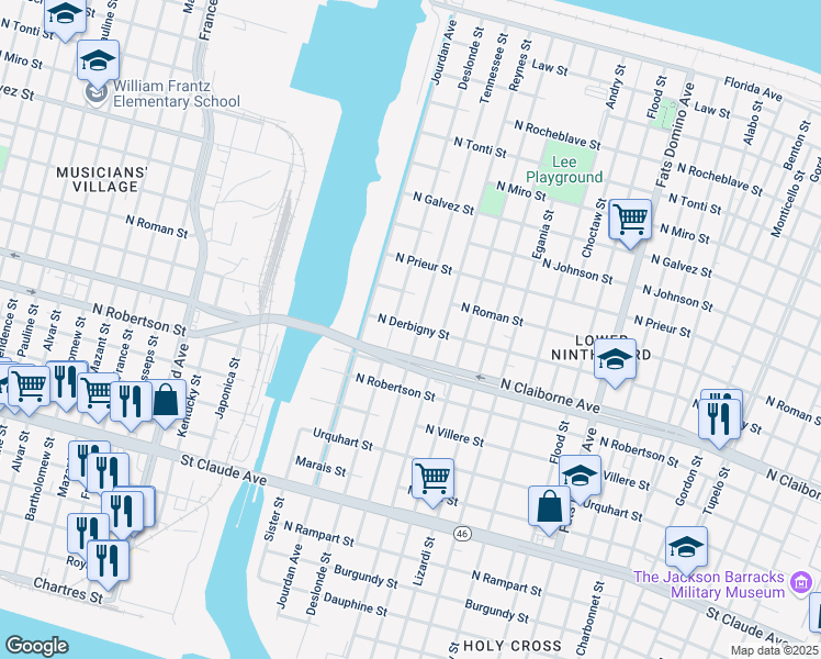 map of restaurants, bars, coffee shops, grocery stores, and more near 1644 Tennessee Street in New Orleans