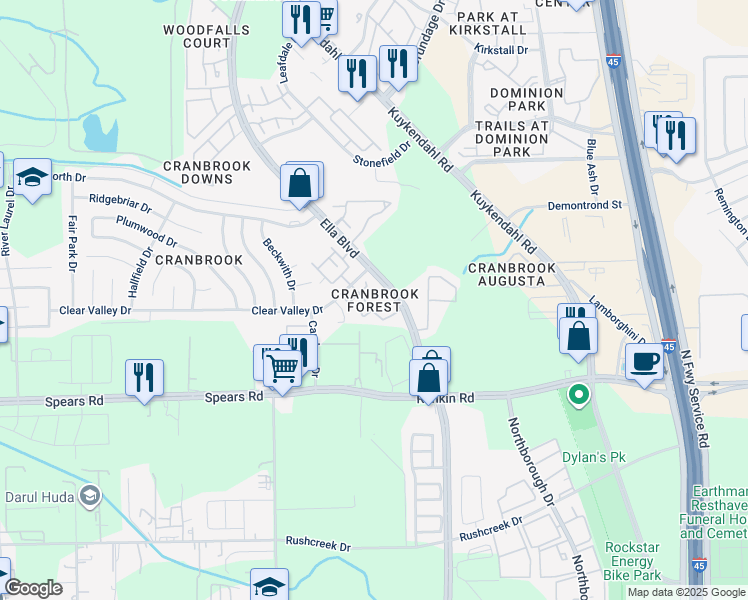 map of restaurants, bars, coffee shops, grocery stores, and more near 13875 Ella Boulevard in Houston