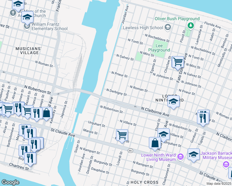 map of restaurants, bars, coffee shops, grocery stores, and more near 1644 Tennessee Street in New Orleans