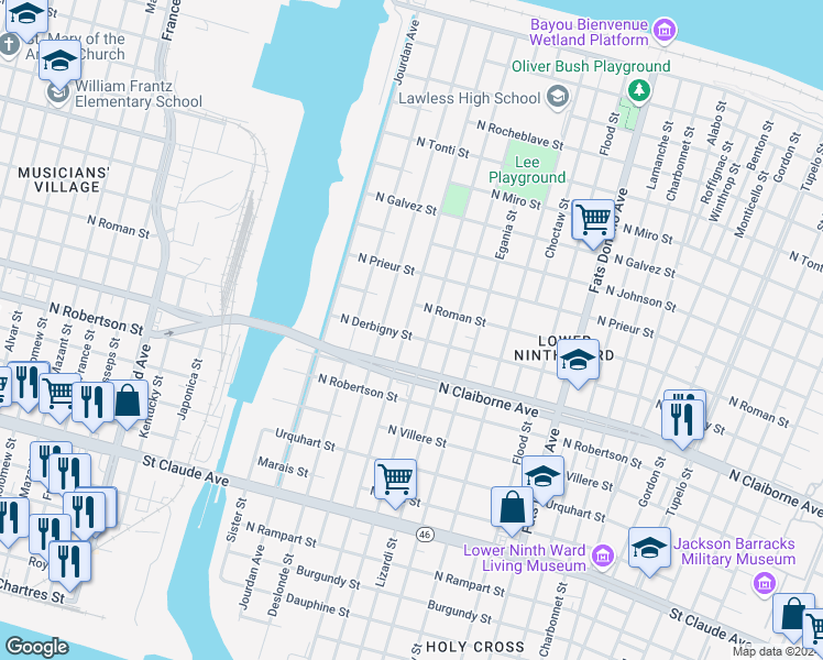 map of restaurants, bars, coffee shops, grocery stores, and more near 5005 North Derbigny Street in New Orleans
