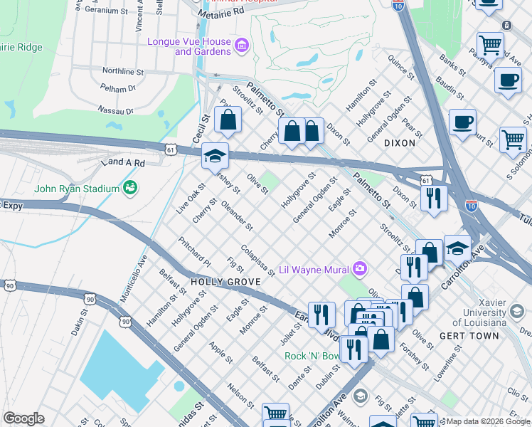 map of restaurants, bars, coffee shops, grocery stores, and more near 9010 Forshey Street in New Orleans
