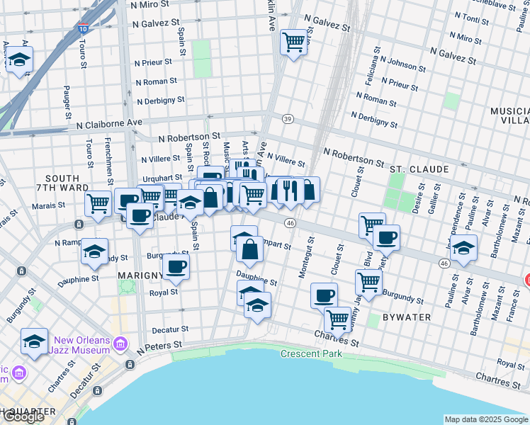 map of restaurants, bars, coffee shops, grocery stores, and more near in New Orleans