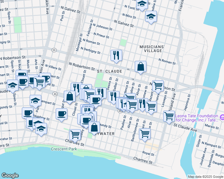 map of restaurants, bars, coffee shops, grocery stores, and more near 3425 Urquhart Street in New Orleans