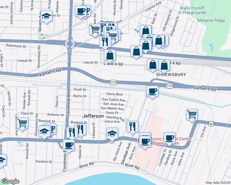 map of restaurants, bars, coffee shops, grocery stores, and more near 31 Davis Boulevard in Jefferson