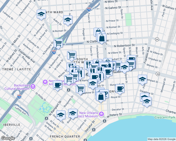 map of restaurants, bars, coffee shops, grocery stores, and more near in New Orleans