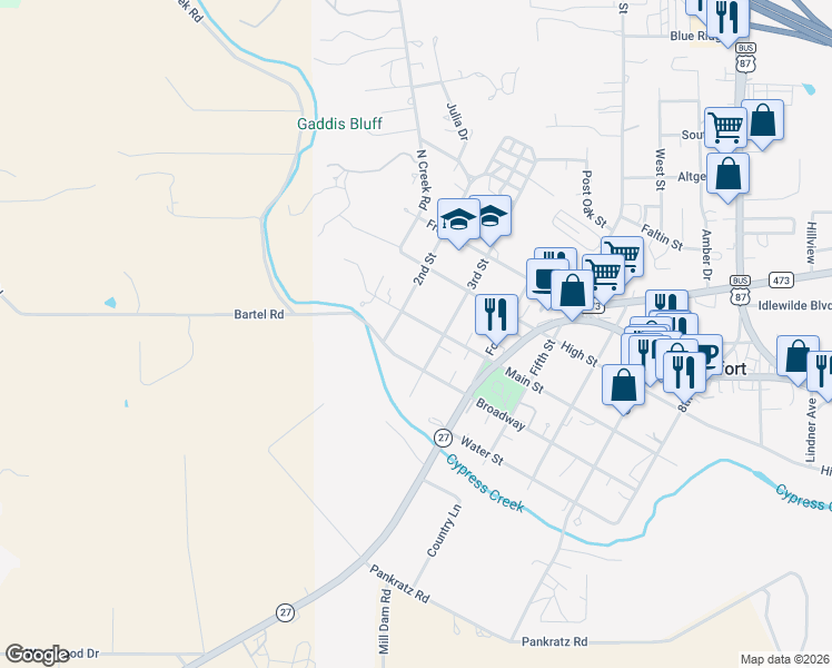 map of restaurants, bars, coffee shops, grocery stores, and more near 322 3rd Street in Comfort
