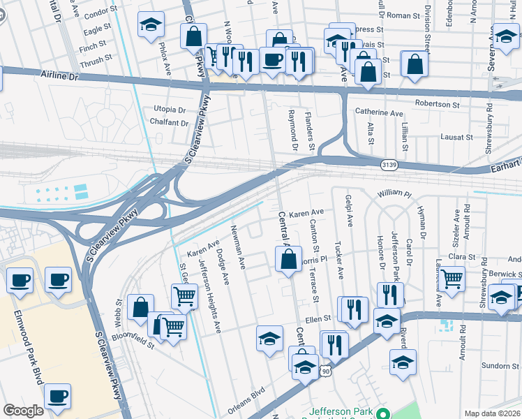 map of restaurants, bars, coffee shops, grocery stores, and more near 800 Central Avenue in Jefferson