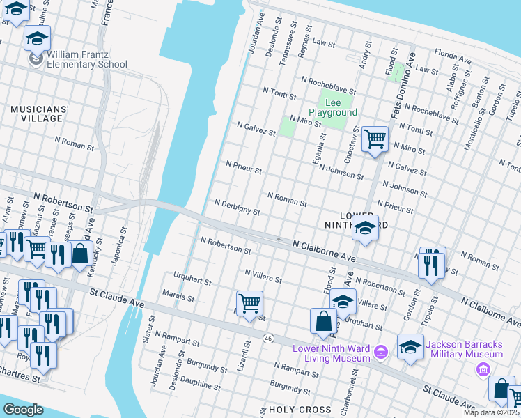 map of restaurants, bars, coffee shops, grocery stores, and more near 5005 North Derbigny Street in New Orleans