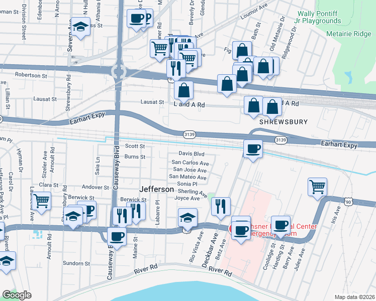 map of restaurants, bars, coffee shops, grocery stores, and more near 31 Davis Boulevard in Jefferson