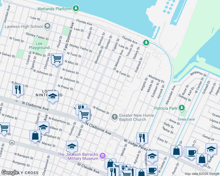 map of restaurants, bars, coffee shops, grocery stores, and more near 2035 Tricou Street in New Orleans
