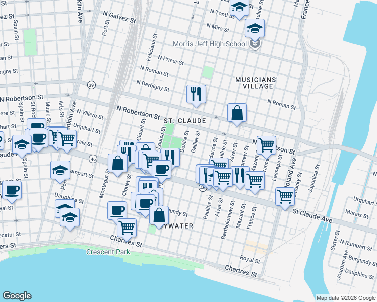 map of restaurants, bars, coffee shops, grocery stores, and more near 3425 Urquhart Street in New Orleans