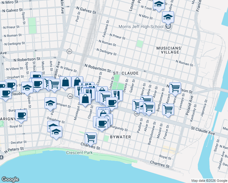 map of restaurants, bars, coffee shops, grocery stores, and more near 1215 Louisa Street in New Orleans