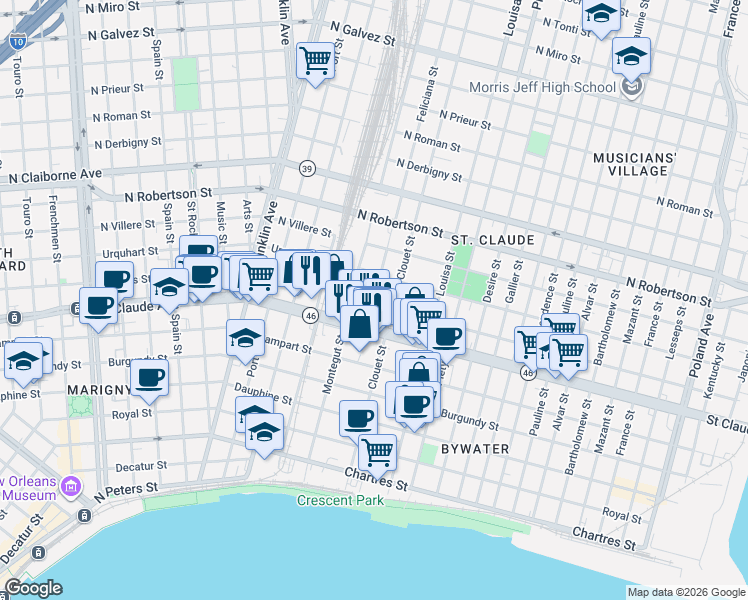 map of restaurants, bars, coffee shops, grocery stores, and more near 3032 Marais Street in New Orleans