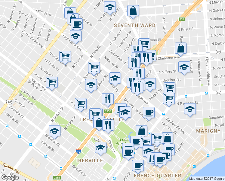 map of restaurants, bars, coffee shops, grocery stores, and more near 1723 Governor Nicholls Street in New Orleans
