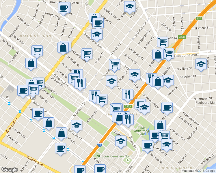 map of restaurants, bars, coffee shops, grocery stores, and more near 926 North Johnson Street in New Orleans