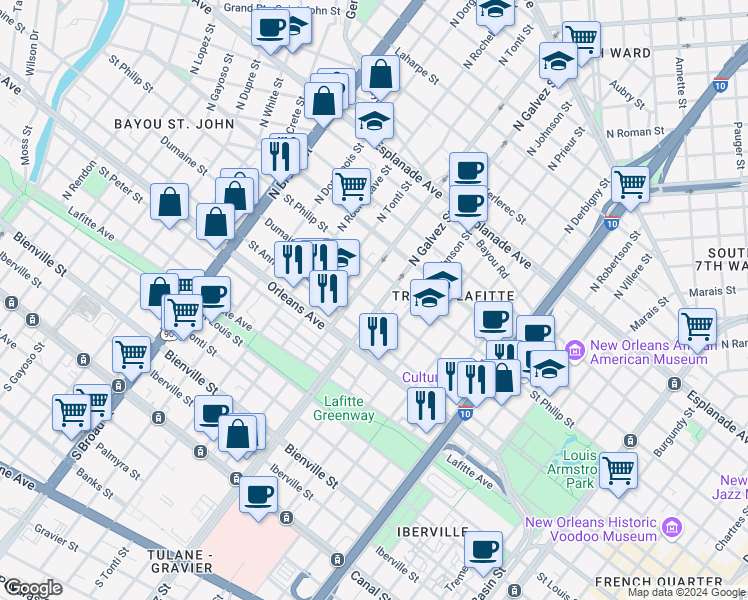 map of restaurants, bars, coffee shops, grocery stores, and more near in New Orleans