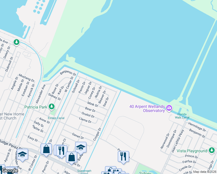 map of restaurants, bars, coffee shops, grocery stores, and more near 2308 Benjamin Street in Arabi