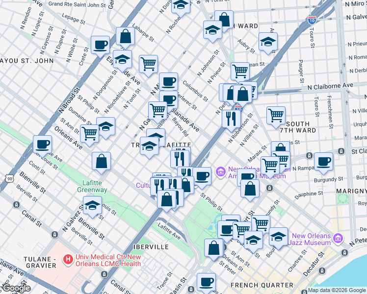 map of restaurants, bars, coffee shops, grocery stores, and more near 1723 Governor Nicholls Street in New Orleans