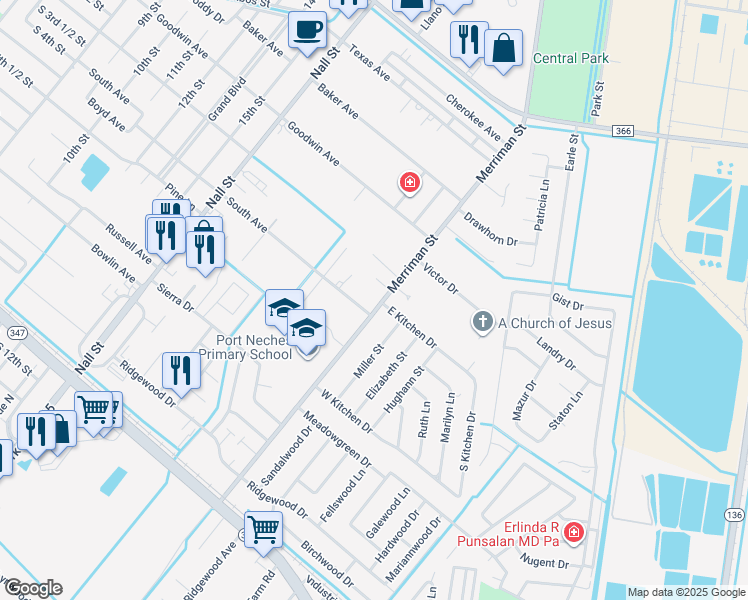 map of restaurants, bars, coffee shops, grocery stores, and more near 2700 Merriman Street in Port Neches