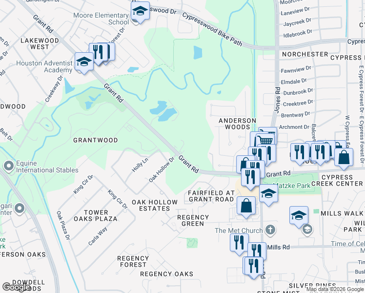 map of restaurants, bars, coffee shops, grocery stores, and more near 11350 Grant Road in Cypress
