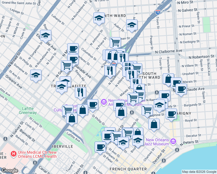 map of restaurants, bars, coffee shops, grocery stores, and more near 1422 Esplanade Avenue in New Orleans