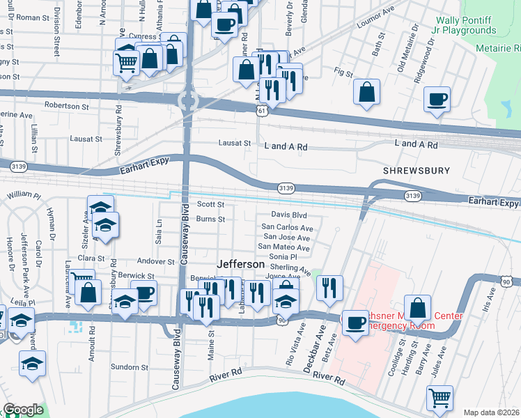 map of restaurants, bars, coffee shops, grocery stores, and more near 12 Davis Boulevard in Jefferson
