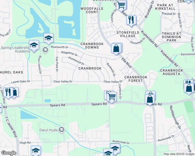 map of restaurants, bars, coffee shops, grocery stores, and more near 1419 Clear Valley Drive in Houston